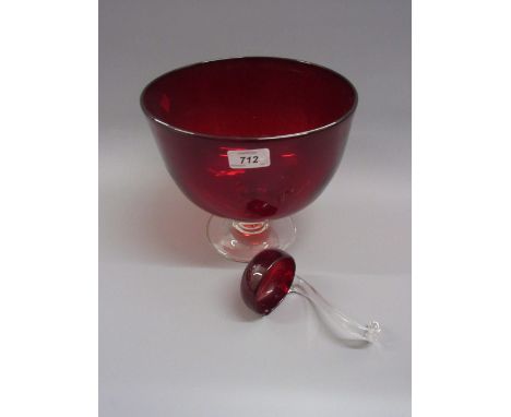 Ruby and clear glass pedestal fruit bowl / punch bowl with ladle 