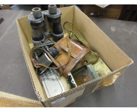 Three pairs of various binoculars (at fault), a Salters military issue spring balance, small military lamp and a Rolls razor 