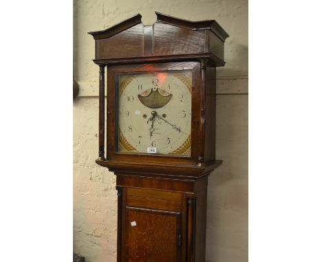 19th Century oak and mahogany crossbanded longcase clock, the square hood having a painted dial with Arabic numerals, date ap