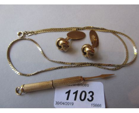 9ct Gold cased toothpick, a gold plated chain and a pair of gold plated knot design cufflinks 