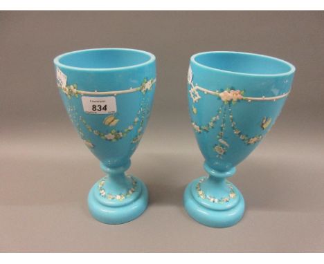 Pair of Victorian opaque sky blue glass pedestal cups with floral enamel decoration, 10ins high (lacking covers) 