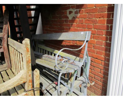 Mid 20th Century iron scroll work ended wooden slatted bench with grey painted finish, 6ft long (at fault) 