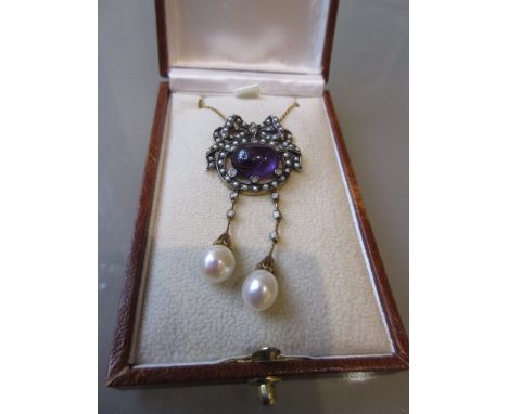 Necklace set with polished cabochon amethyst, seed pearls, diamonds and pearls 