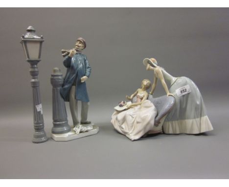 Lladro group of two ladies (restored) together with a Lladro lamp lighter figure (at fault) 