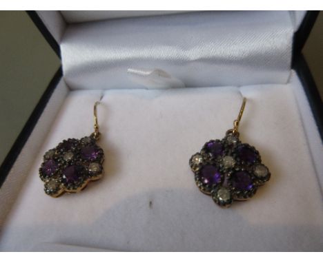 Pair of flower head design drop earrings set amethyst and diamonds 