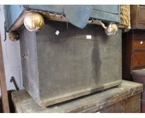 19th Century mahogany trunk with hinged cover and side carrying handles and a fabric covered square stool with single drawer 