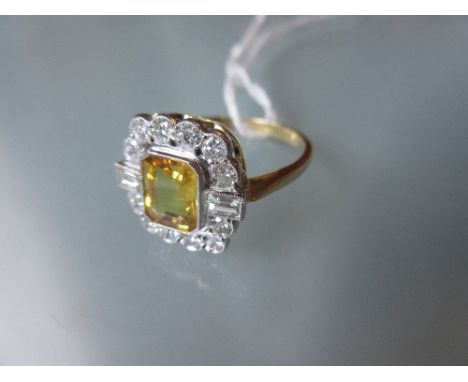 18ct Yellow gold ring set yellow sapphire, baguette and brilliant cut diamondsRing size Q 