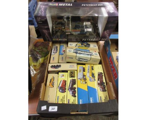 Box containing a quantity of Corgi lorries, fire engines and coaches, all in original boxes and a Revelle Peterbilt 359 lorry