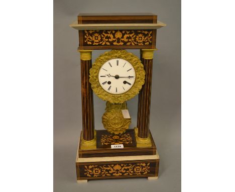 19th Century fruitwood portico clock, the white convex dial within a cast ormolu bezel, the movement with outside count wheel