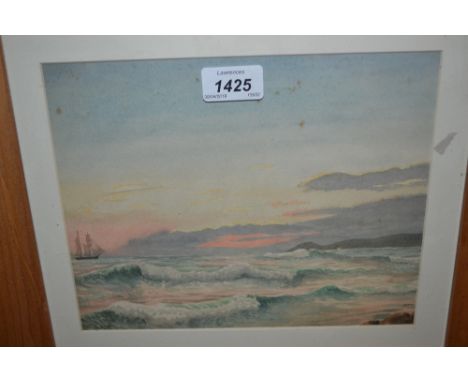 19th / early 20th Century watercolour, seascape with square rigger at sunset, framed, unsigned, 7.5ins x 9.5ins, together wit