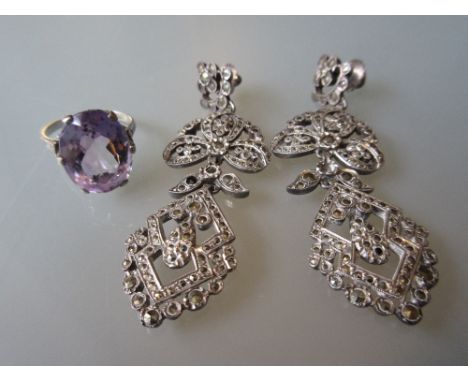 Silver and amethyst set ring together with a pair of marcasite earrings 