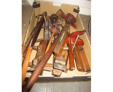 Box containing a quantity of various antique tools including John Rabone & Sons mahogany brass mounted level, various planes 