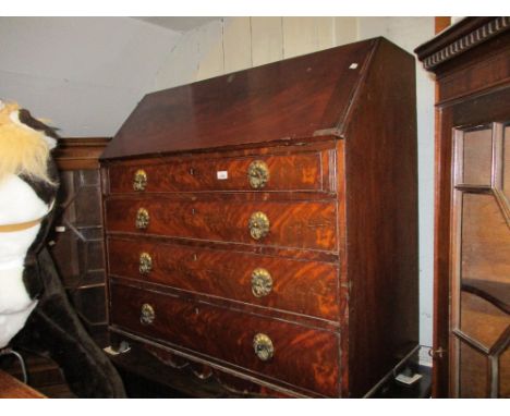 Large 19th Century mahogany bureau, the fall front enclosing a fitted interior above four long graduated drawers with later b