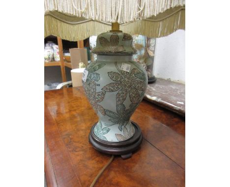 Porcelain baluster form enamel decorated table lamp on hardwood stand with shade 