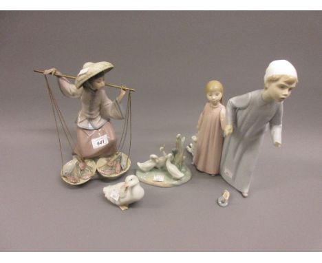 Lladro figure of a Chinese girl with fishing baskets, together with a Nao group (at fault) and two Nao figures of geese and a