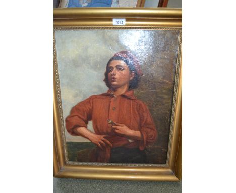 Attributed to Lucius Rossi, oil on canvas, portrait of a young mariner with seascape background, monogrammed, 20ins x 16ins 