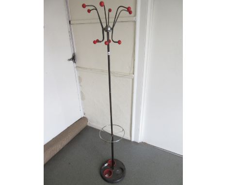 Mid 20th Century metal, chrome and red plastic mounted hat, coat and stick stand (at fault) 