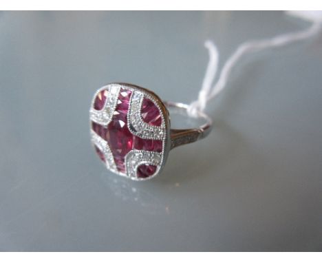 Platinum ruby and diamond set ring of Art Deco design 