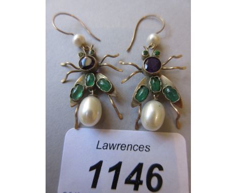 Pair of 9ct gold insect form drop earrings set cultured pearls, amethyst and green stones 