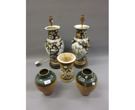 Pair of Royal Doulton baluster form vases, another item of Doulton and a pair of 20th Century oriental floral decorated lamp 