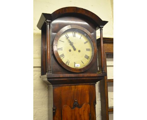19th Century mahogany longcase clock, the arched hood with flanking columns by the shaped door and conforming base, the circu