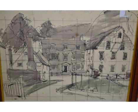 Ink and watercolour, architectural study and a watercolour, figures before buildings, signed Gailor 