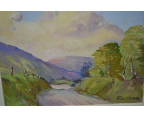 R. Cochrane, oil on canvas board, country lane with distant landscape, signed, framed, 7.5ins x 9.5ins 