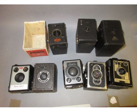 Kodak Brownie Flash 2 box camera, Brownie E Ensign box camera in original packaging and five other various box cameras 