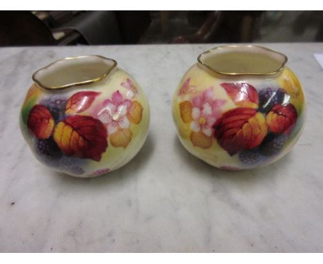 Pair of Royal Worcester globular vases painted with blackberries by Kitty Blake, 2.25ins high (chip to one rim) 