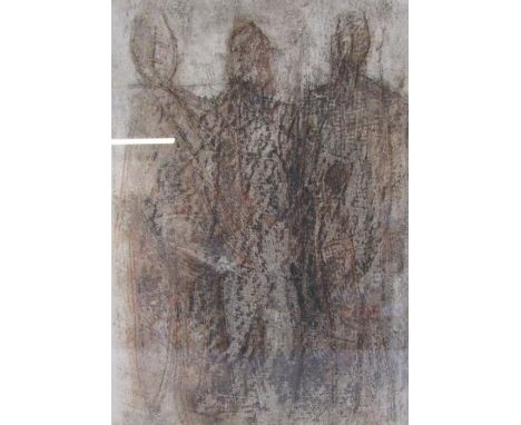 Nancy Frankel Cornish School St Ives artist, abstract/modernist coloured artist's proof etching depicting 3 figures and penci