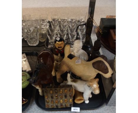 A tigers eye mounted trinket box, Lomonosov terrier, other animal figures etc Condition Report: Available upon request
