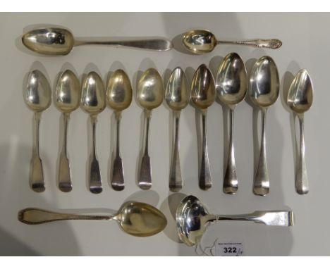 A lot comprising five silver desert spoons Glasgow 1823, an Irish silver tablespoon Dublin 1869, five assorted table and dese