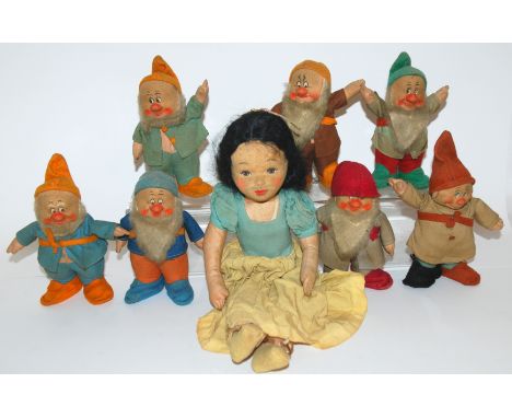 Chad Valley Snow White and the seven dwarfs 1930s, with felt pressed faces, painted features, cloth bodies, original cloth an