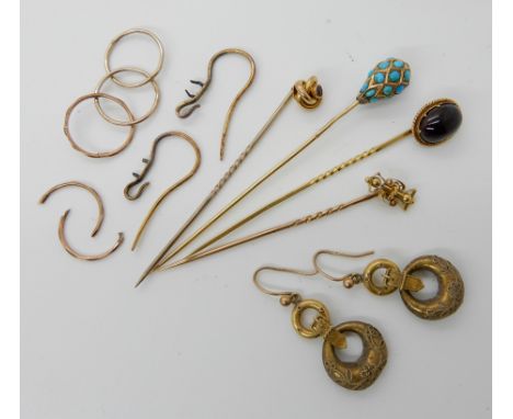 A collection of yellow metal stick pins, to include garnet and turquoise examples, earrings etc, weight approx 10.3gms Condit