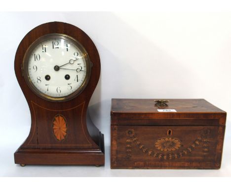 An inlaid tea caddy together with a French balloon shaped mantle clock, movement marks 20733 Condition Report: Available upon