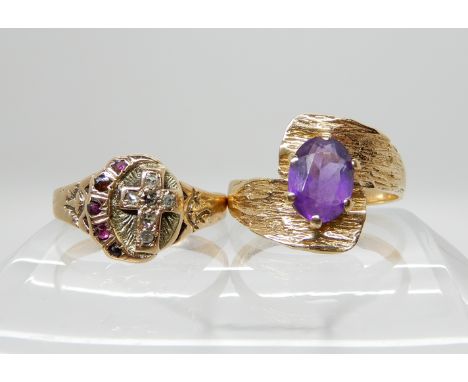 A 14k gold diamond cross and red gem crescent moon ring, size O, weight 2.4gms, together with a 9ct retro amethyst ring size 