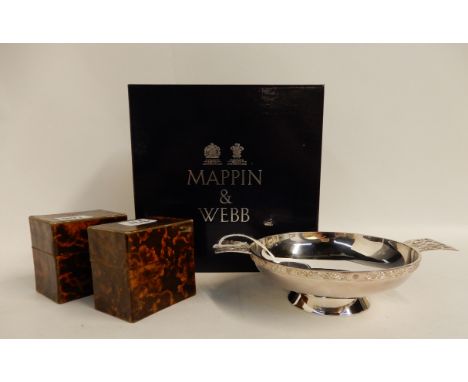 A lot comprising a silver quaich by Mappin &amp; Webb with original box, Birmingham 1992, 17cm across the lugs, 160gms with t