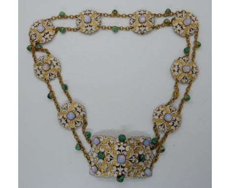 A vintage costume jewellery belt with white enamel faux opals and glass malachite gems, length 65cm, 25 1/2inchesCondition Re