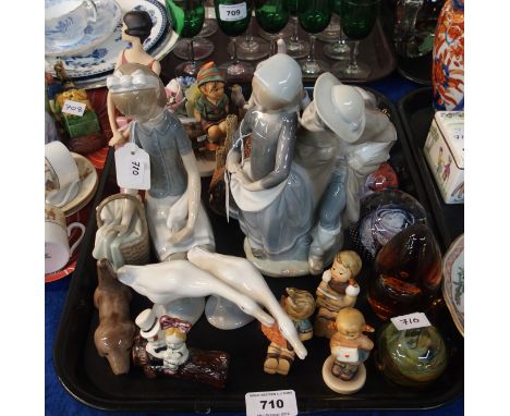 Assorted Lladro figures, glass paperweights and Hummel figures and other items Condition Report: All Lladro &amp; Hummels in 