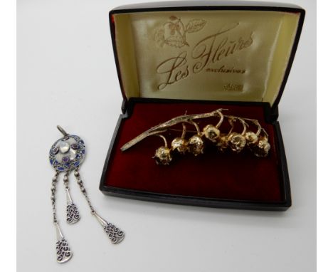 A silver lily of the valley brooch by Askhim Malling of Denmark, with original box and a enamel, moonstone and amethyst penda