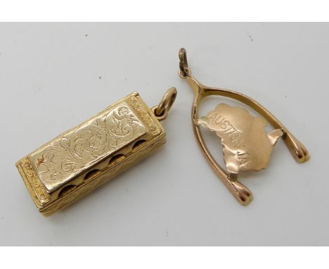 A 9ct gold harmonica pendant 2.9cm x 1.2cm, and a 9ct gold Australia wishbone pendant, combined weight 12.7gms Condition Repo