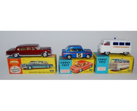 Eleven Corgi models comprising: 463 Commer Ambulance, 247 Mercedes Benz 600 Pullam, 241 Ghia L.6.4 with Chrysler Engine, 215S