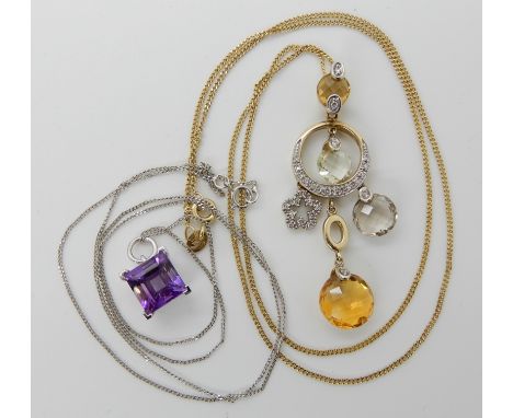 A 9ct gold citrine and diamond pendant length 5cm, chain length 46cm, and an 18ct white gold square amethyst pendant approx 8