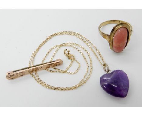 An 8ct gold (German) rhodochrosite gem set ring, size R, an amethyst heart shaped pendant on a 9ct chain and a 9ct Baby brooc