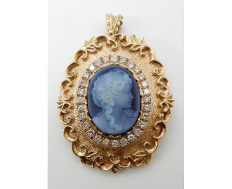 A 9ct gold moulded glass cameo and diamond pendant brooch, glass cameo is approx 20mm x 15mm and surrounded with a bezel of b