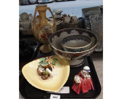 A C.P and Co Stag pattern punch bowl, a bird decorated porrigner, Hummel figure, Doulton figure Lavinia (AF) etc Condition Re