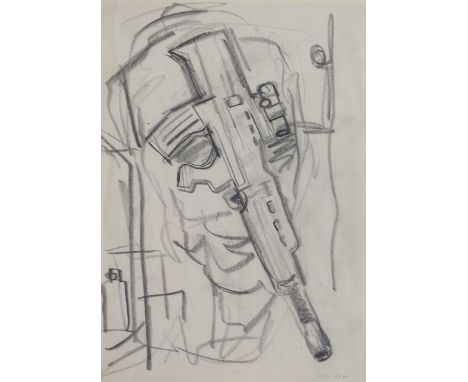 PETER HOWSON OBE Gun, conte on paper, 29 x 21cm Condition Report: Available upon request