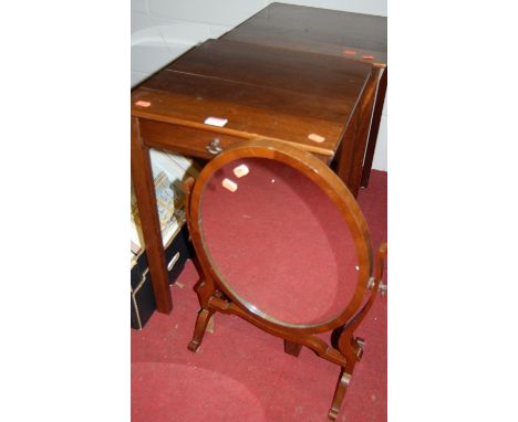 A pair of made-up mahogany single drawer low side tables; together with a mahogany swing toilet mirror (2) 