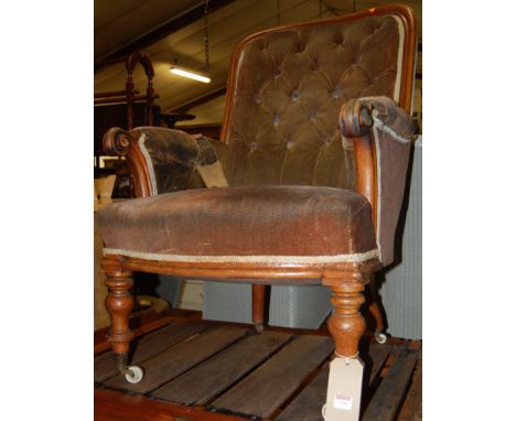 A Victorian mahogany gentleman's show frame button back armchair (for reupholstery)