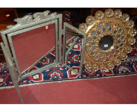 A contemporary decorative gilt decorated multi mirror glass inset circular wall mirror, dia. 62cm, together with a triptych d